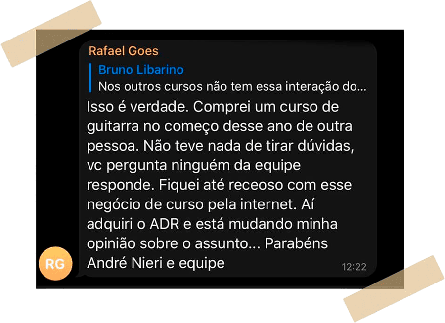 Relato de Rafael Goes sobre suporte e interação nos cursos de André Nieri