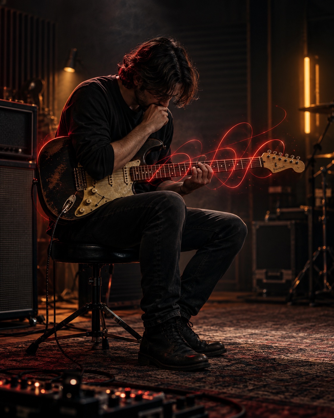 Guitarrista diante do braço da guitarra em um momento de bloqueio criativo